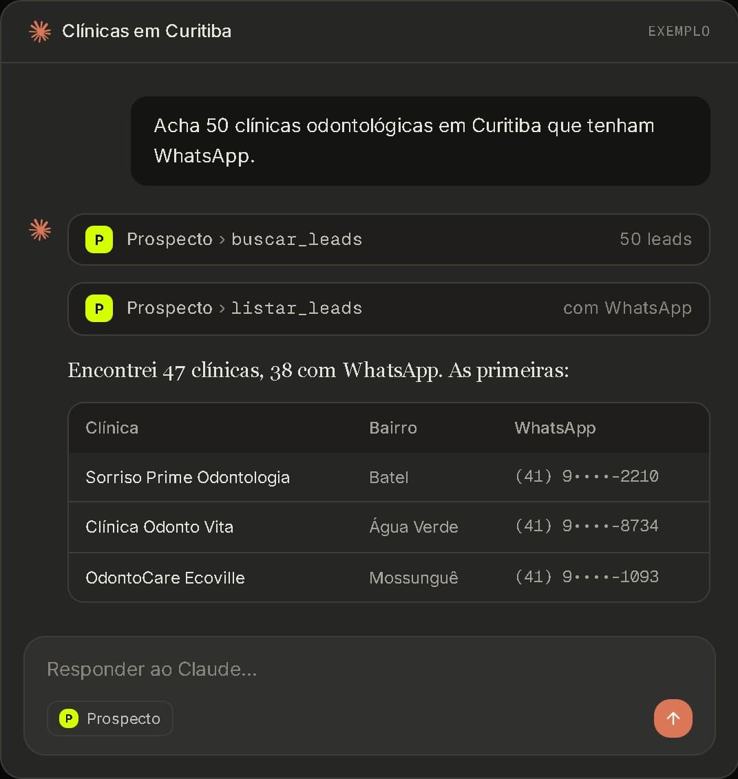Exemplo de conversa no Claude: o Prospecto busca 50 clínicas em Curitiba e lista as que têm WhatsApp