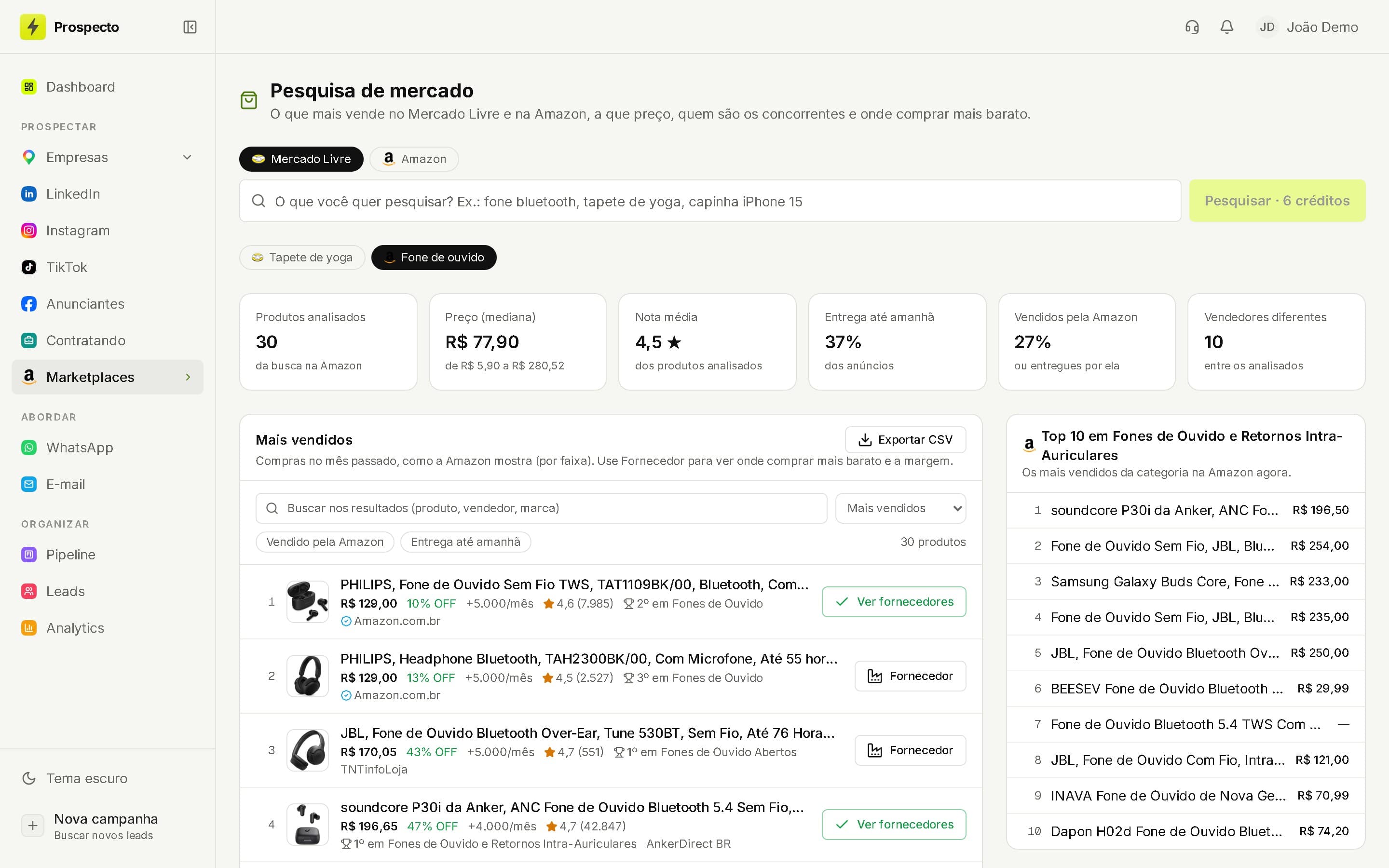 Pesquisa de fone de ouvido na Amazon no Prospecto com compras por mês, ranking da categoria e o top 10 de fones de ouvido