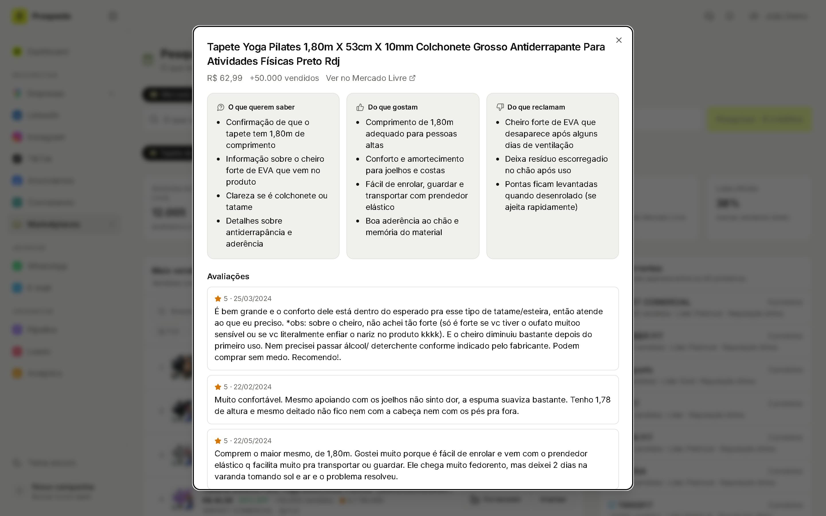 Análise de um tapete de yoga no Prospecto com o que os compradores querem saber, do que gostam e do que reclamam